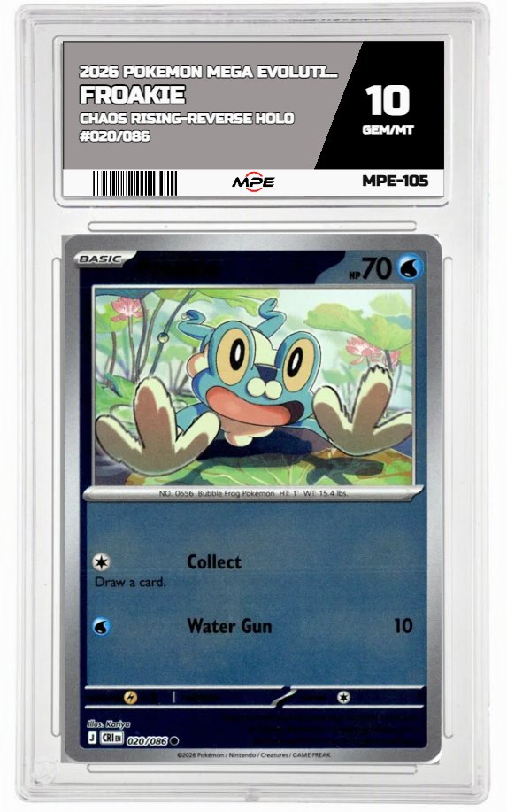 2026 POKEMON MEGA EVOLUTION CHAOS RISING-REVERSE HOLO #020/086 Froakie MPE 10 GEM/MT — graded card auctioned from the MPE vault