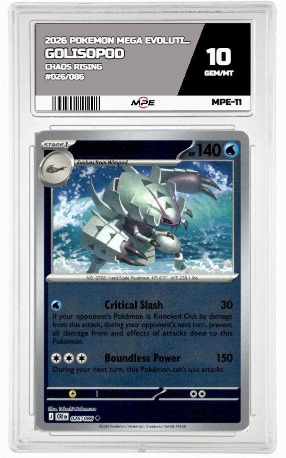 2026 POKEMON MEGA EVOLUTION CHAOS RISING #026/086 Golisopod MPE 10 GEM/MT — graded card auctioned from the MPE vault