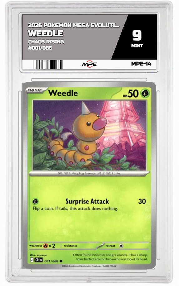 2026 POKEMON MEGA EVOLUTION CHAOS RISING #001/086 WEEDLE MPE 9 MINT — graded card auctioned from the MPE vault