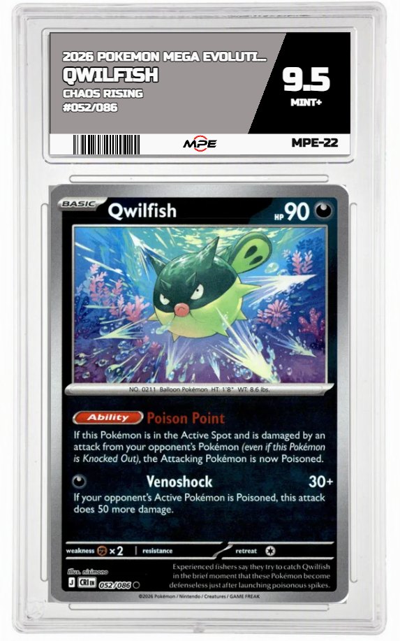 2026 POKEMON MEGA EVOLUTION CHAOS RISING #052/086 Qwilfish MPE 9.5 MINT+ — graded card auctioned from the MPE vault