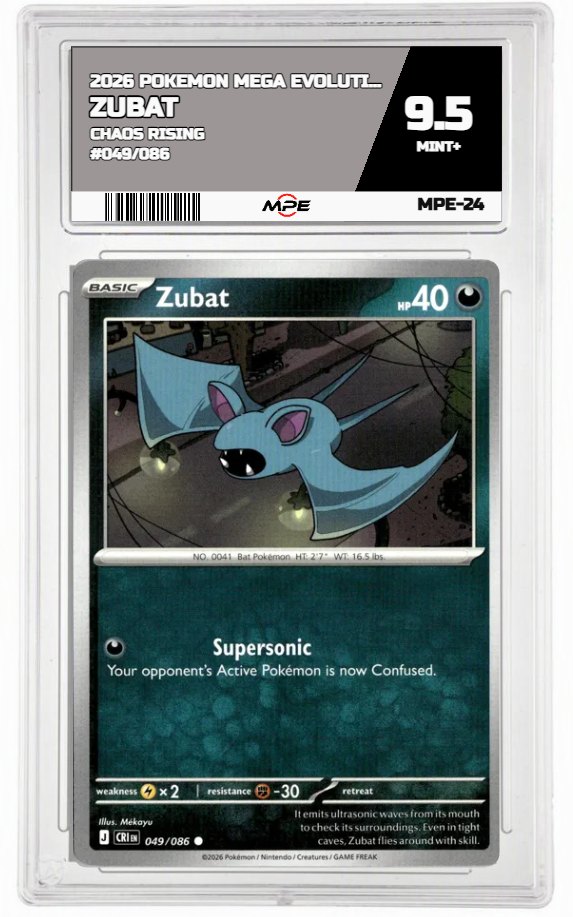 2026 POKEMON MEGA EVOLUTION CHAOS RISING #049/086 Zubat MPE 9.5 MINT+ — graded card auctioned from the MPE vault