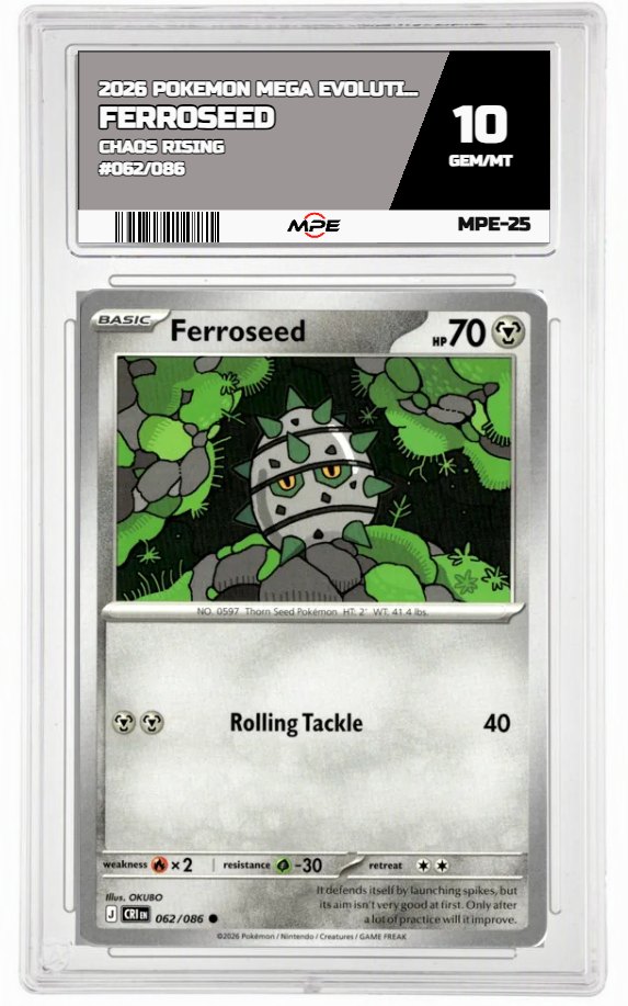 2026 POKEMON MEGA EVOLUTION CHAOS RISING #062/086 FERROSEED MPE 10 GEM/MT — graded card auctioned from the MPE vault