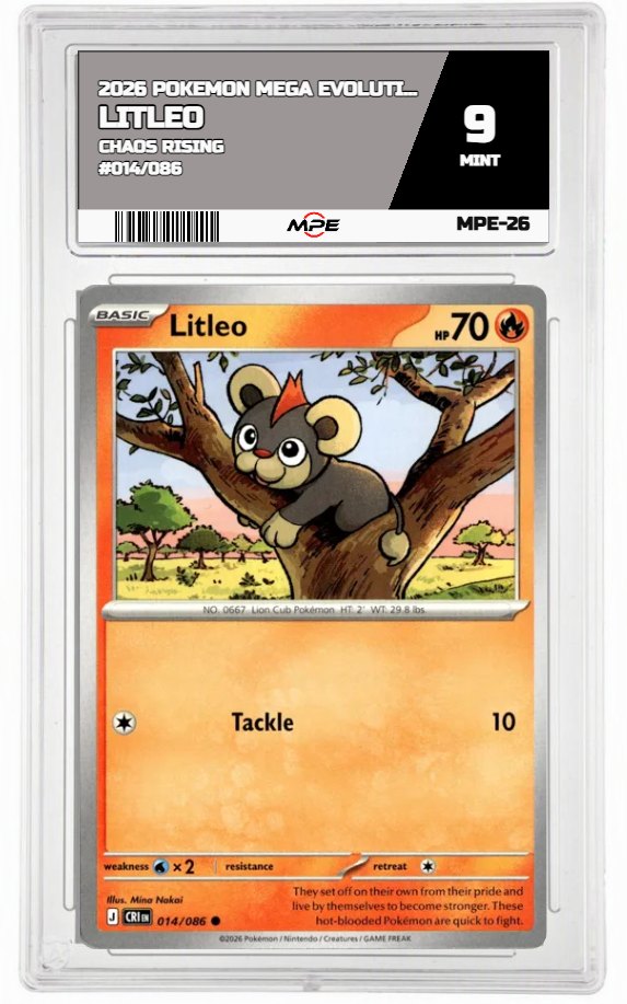 2026 POKEMON MEGA EVOLUTION CHAOS RISING #014/086 LITLEO MPE 9 MINT — graded card auctioned from the MPE vault