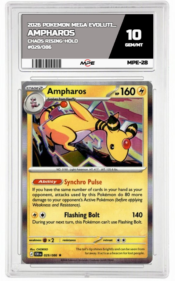 2026 POKEMON MEGA EVOLUTION CHAOS RISING-HOLO #029/086 Ampharos MPE 10 GEM/MT — graded card auctioned from the MPE vault