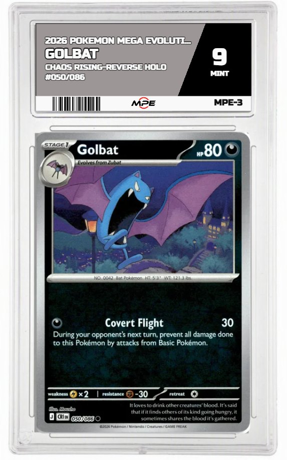 2026 POKEMON MEGA EVOLUTION CHAOS RISING-REVERSE HOLO #050/086 Golbat MPE 9 MINT — graded card auctioned from the MPE vault