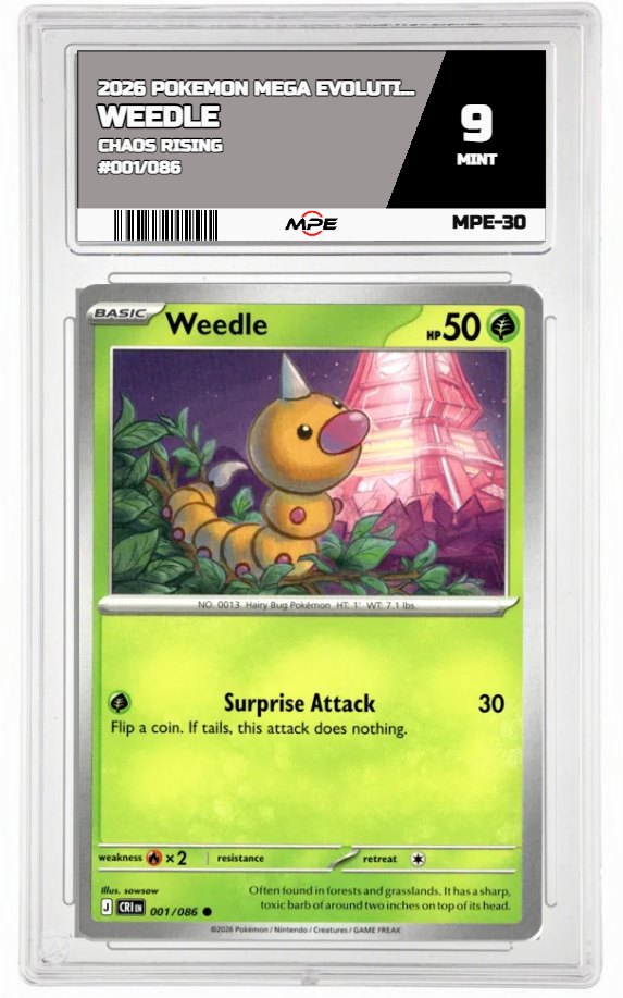 2026 POKEMON MEGA EVOLUTION CHAOS RISING #001/086 Weedle MPE 9 MINT — graded card auctioned from the MPE vault