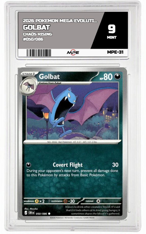 2026 POKEMON MEGA EVOLUTION CHAOS RISING #050/086 GOLBAT MPE 9 MINT — graded card auctioned from the MPE vault