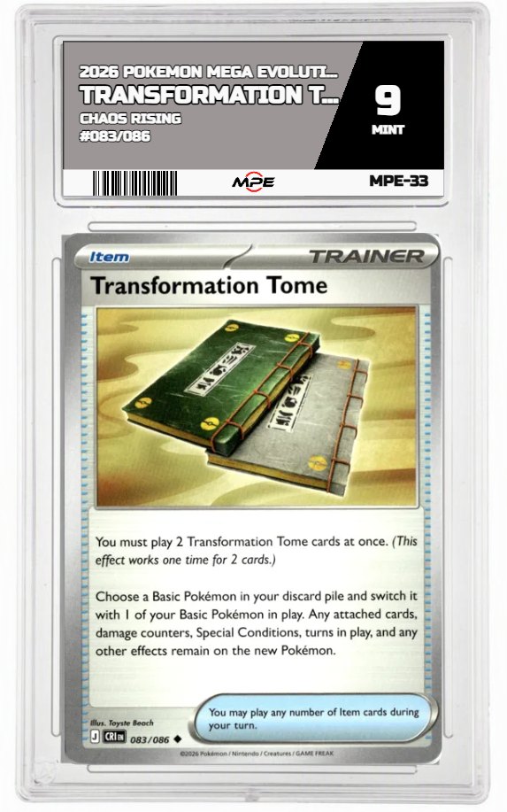 2026 POKEMON MEGA EVOLUTION CHAOS RISING #083/086 TRANSFORMATION TOME MPE 9 MINT — graded card auctioned from the MPE vault