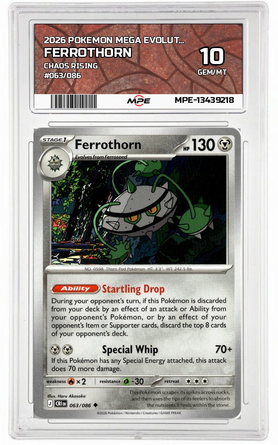 2026 POKEMON MEGA EVOLUTION CHAOS RISING #063/086 FERROTHORN MPE 10 GEM/MT — graded card auctioned from the MPE vault