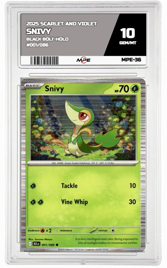 2025 SCARLET AND VIOLET BLACK BOLT-HOLO #001/086 Snivy MPE 10 GEM/MT — graded card auctioned from the MPE vault