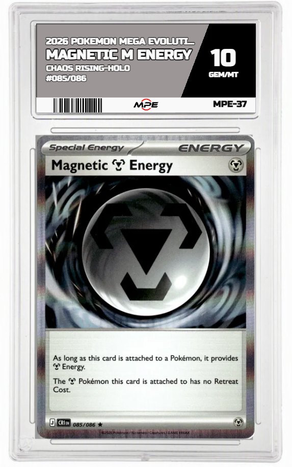 2026 POKEMON MEGA EVOLUTION CHAOS RISING-HOLO #085/086 MAGNETIC M ENERGY MPE 10 GEM/MT — graded card auctioned from the MPE vault