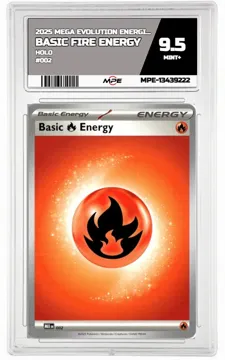 2025 MEGA EVOLUTION ENERGIES HOLO #002 BASIC FIRE ENERGY MPE 9.5 MINT+ — graded card up for auction