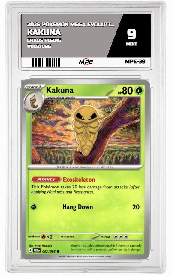 2026 POKEMON MEGA EVOLUTION CHAOS RISING #002/086 Kakuna MPE 9 MINT — graded card auctioned from the MPE vault