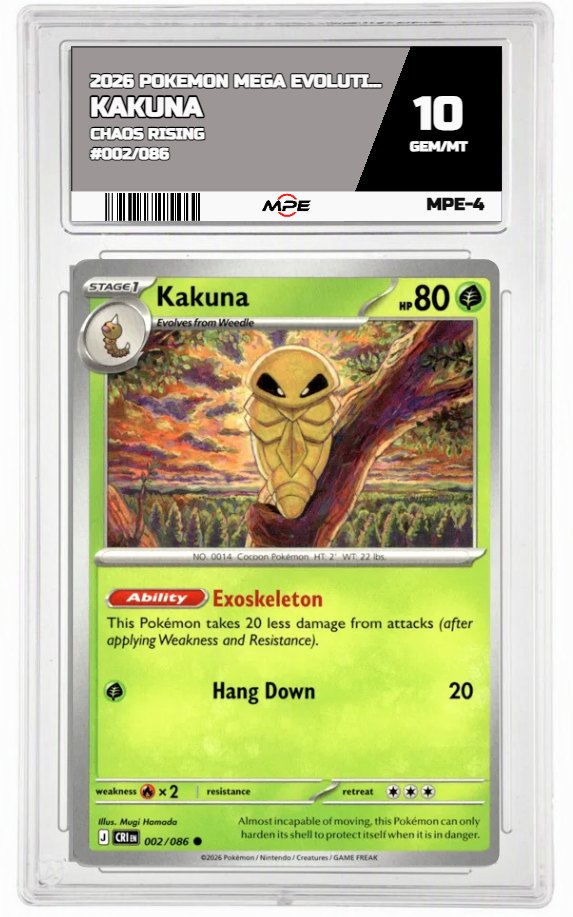 2026 POKEMON MEGA EVOLUTION CHAOS RISING #002/086 Kakuna MPE 10 GEM/MT — graded card auctioned from the MPE vault