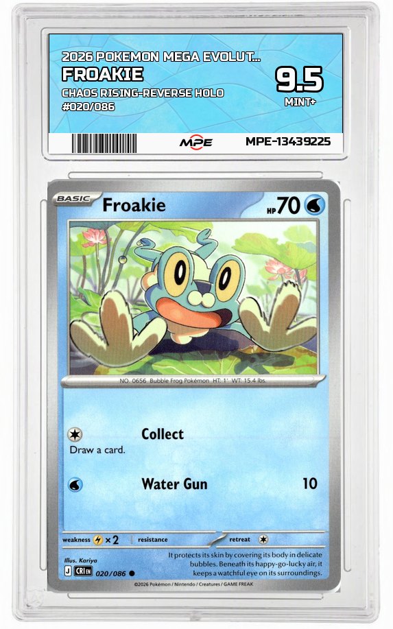 2026 POKEMON MEGA EVOLUTION CHAOS RISING-REVERSE HOLO #020/086 FROAKIE MPE 9.5 MINT+ — graded card auctioned from the MPE vault