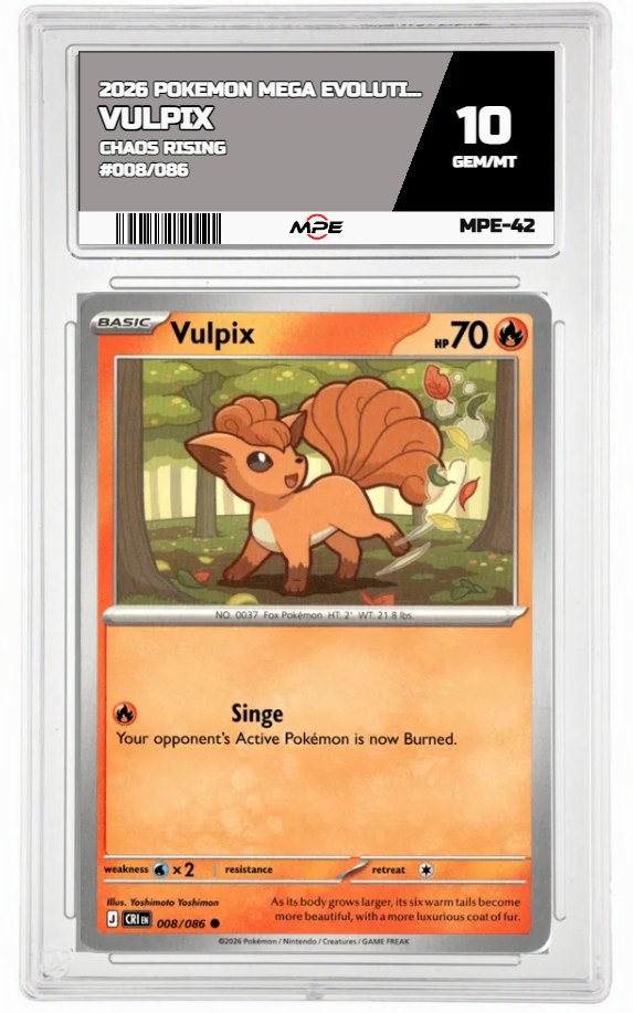 2026 POKEMON MEGA EVOLUTION CHAOS RISING #008/086 Vulpix MPE 10 GEM/MT — graded card auctioned from the MPE vault