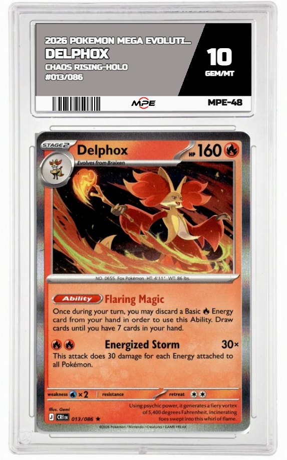2026 POKEMON MEGA EVOLUTION CHAOS RISING-HOLO #013/086 DELPHOX MPE 10 GEM/MT — graded card auctioned from the MPE vault