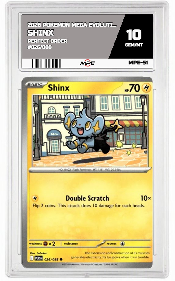 2026 POKEMON MEGA EVOLUTION PERFECT ORDER #026/088 SHINX MPE 10 GEM/MT — graded card auctioned from the MPE vault