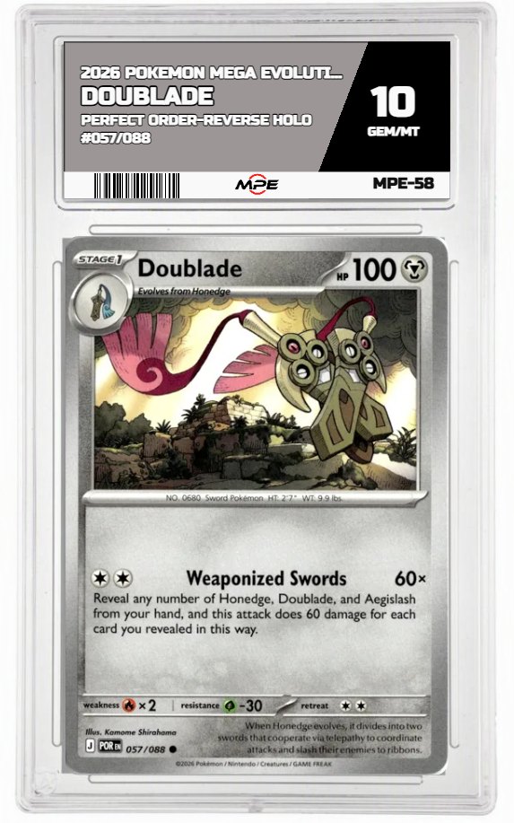 2026 POKEMON MEGA EVOLUTION PERFECT ORDER-REVERSE HOLO #057/088 Doublade MPE 10 GEM/MT — graded card auctioned from the MPE vault