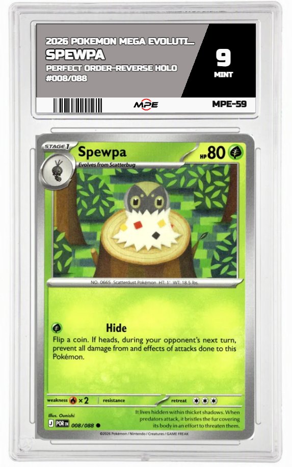 2026 POKEMON MEGA EVOLUTION PERFECT ORDER-REVERSE HOLO #008/088 Spewpa MPE 9 MINT — graded card auctioned from the MPE vault