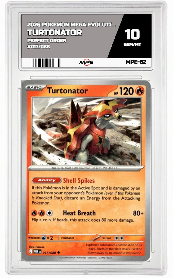 2026 POKEMON MEGA EVOLUTION PERFECT ORDER #017/088 Turtonator MPE 10 GEM/MT — graded card auctioned from the MPE vault