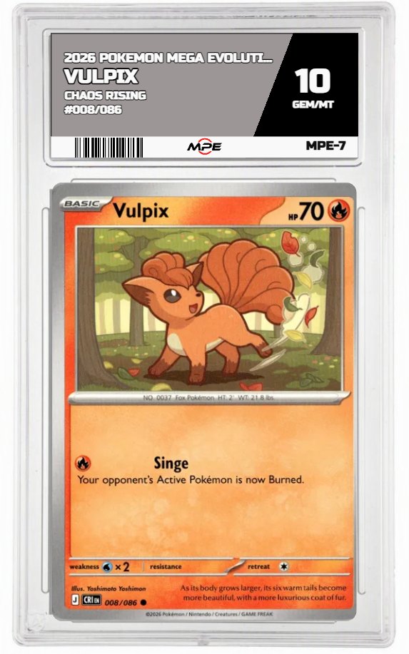 2026 POKEMON MEGA EVOLUTION CHAOS RISING #008/086 VULPIX MPE 10 GEM/MT — graded card auctioned from the MPE vault