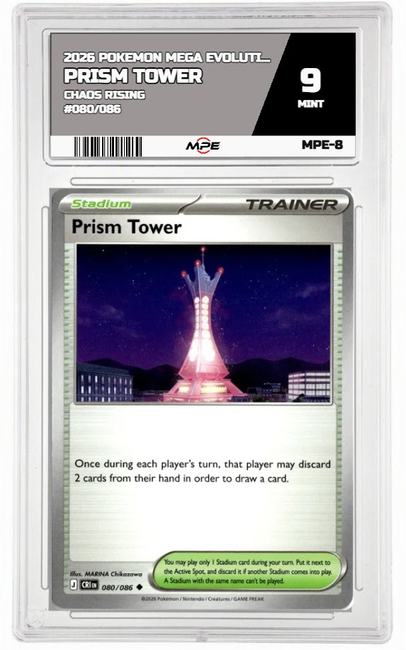 2026 POKEMON MEGA EVOLUTION CHAOS RISING #080/086 PRISM TOWER MPE 9 MINT — graded card auctioned from the MPE vault