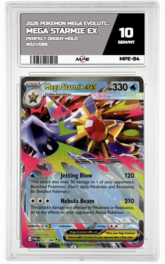 2026 POKEMON MEGA EVOLUTION PERFECT ORDER-HOLO #021/088 Mega Starmie EX MPE 10 GEM/MT — graded card auctioned from the MPE vault