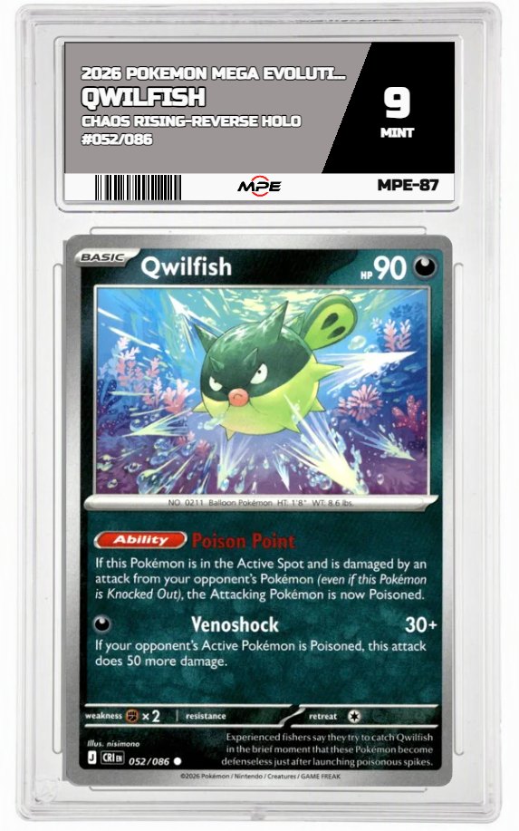 2026 POKEMON MEGA EVOLUTION CHAOS RISING-REVERSE HOLO #052/086 Qwilfish MPE 9 MINT — graded card auctioned from the MPE vault