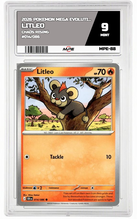 2026 POKEMON MEGA EVOLUTION CHAOS RISING #014/086 Litleo MPE 9 MINT — graded card auctioned from the MPE vault