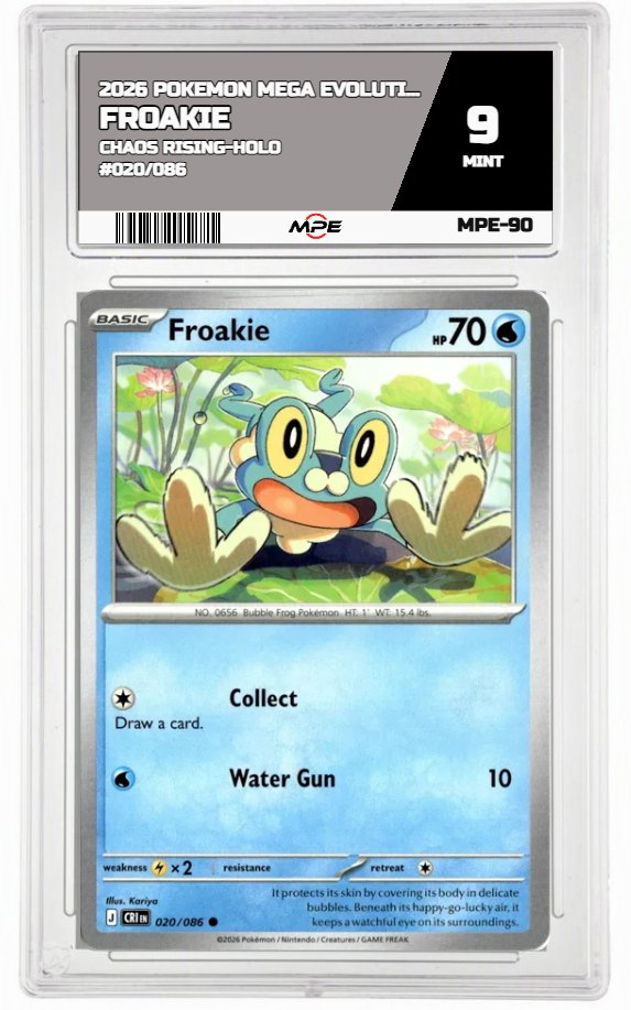2026 POKEMON MEGA EVOLUTION CHAOS RISING-HOLO #020/086 Froakie MPE 9 MINT — graded card auctioned from the MPE vault