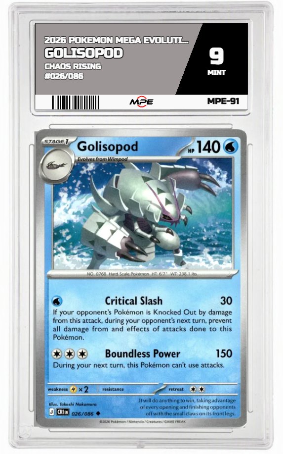 2026 POKEMON MEGA EVOLUTION CHAOS RISING #026/086 Golisopod MPE 9 MINT — graded card auctioned from the MPE vault
