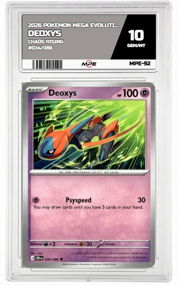 2026 POKEMON MEGA EVOLUTION CHAOS RISING #034/086 Deoxys MPE 10 GEM/MT — graded card auctioned from the MPE vault