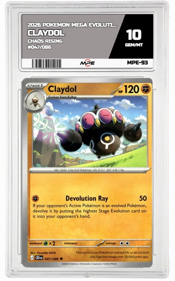 2026 POKEMON MEGA EVOLUTION CHAOS RISING #047/086 CLAYDOL MPE 10 GEM/MT — graded card auctioned from the MPE vault