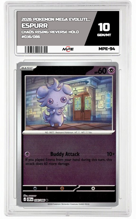 2026 POKEMON MEGA EVOLUTION CHAOS RISING-REVERSE HOLO #036/086 Espurr MPE 10 GEM/MT — graded card auctioned from the MPE vault