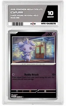 2026 POKEMON MEGA EVOLUTION CHAOS RISING-REV HOLO #036/086 Espurr MPE 10 GEM/MT — graded card up for auction