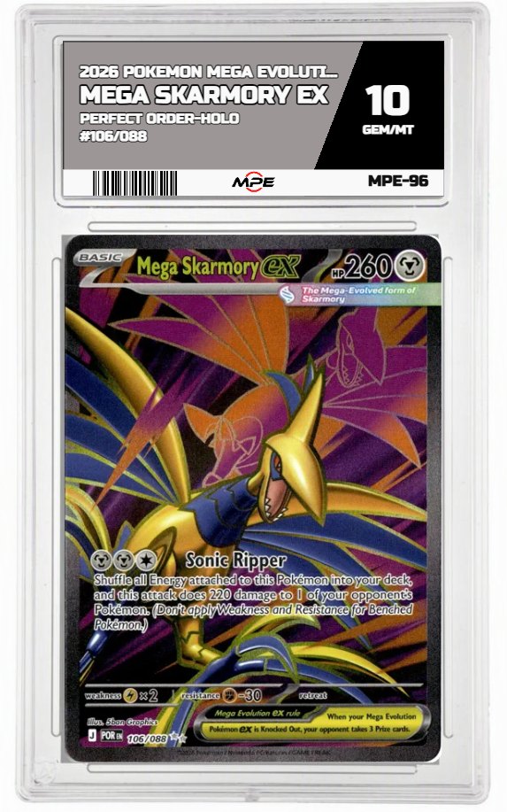 2026 POKEMON MEGA EVOLUTION PERFECT ORDER-HOLO #106/088 Mega Skarmory EX MPE 10 GEM/MT — graded card auctioned from the MPE vault