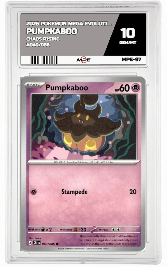 2026 POKEMON MEGA EVOLUTION CHAOS RISING #040/086 Pumpkaboo MPE 10 GEM/MT — graded card auctioned from the MPE vault