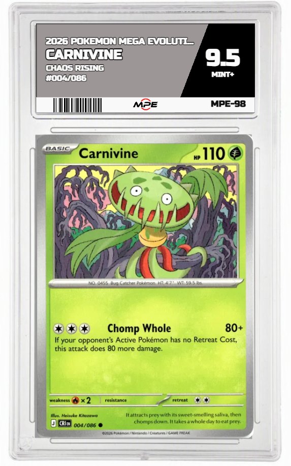 2026 POKEMON MEGA EVOLUTION CHAOS RISING #004/086 Carnivine MPE 9.5 MINT+ — graded card auctioned from the MPE vault
