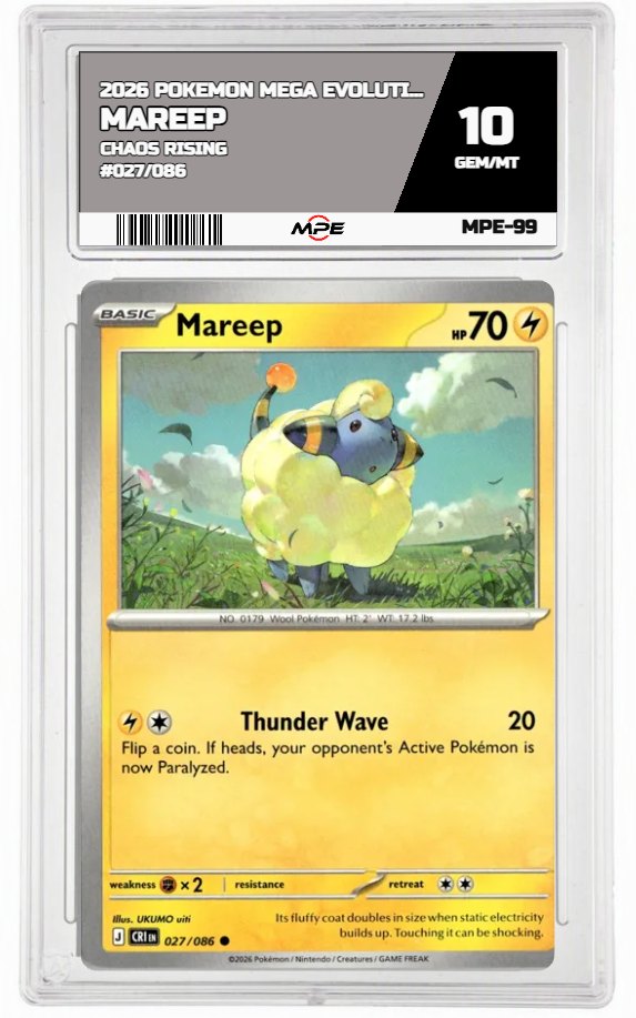 2026 POKEMON MEGA EVOLUTION CHAOS RISING #027/086 Mareep MPE 10 GEM/MT — graded card auctioned from the MPE vault