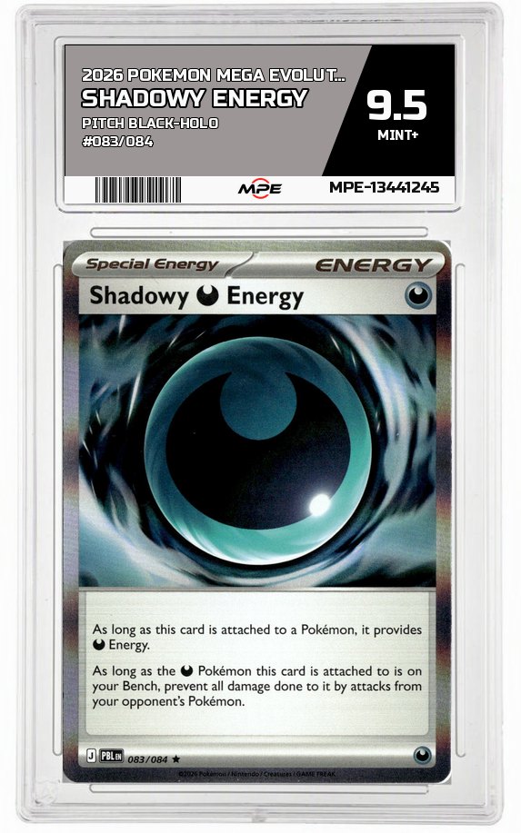 2026 POKEMON MEGA EVOLUTION PITCH BLACK-HOLO #083/084 SHADOWY ENERGY MPE 9.5 MINT+ — graded card auctioned from the MPE vault