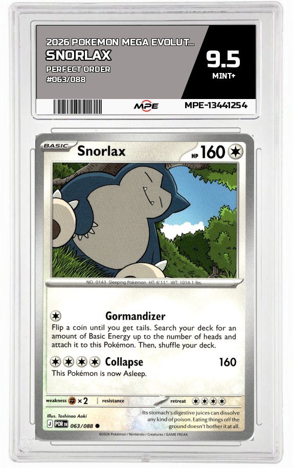 2026 POKEMON MEGA EVOLUTION PERFECT ORDER #063/088 Snorlax MPE 9.5 MINT+ — graded card auctioned from the MPE vault