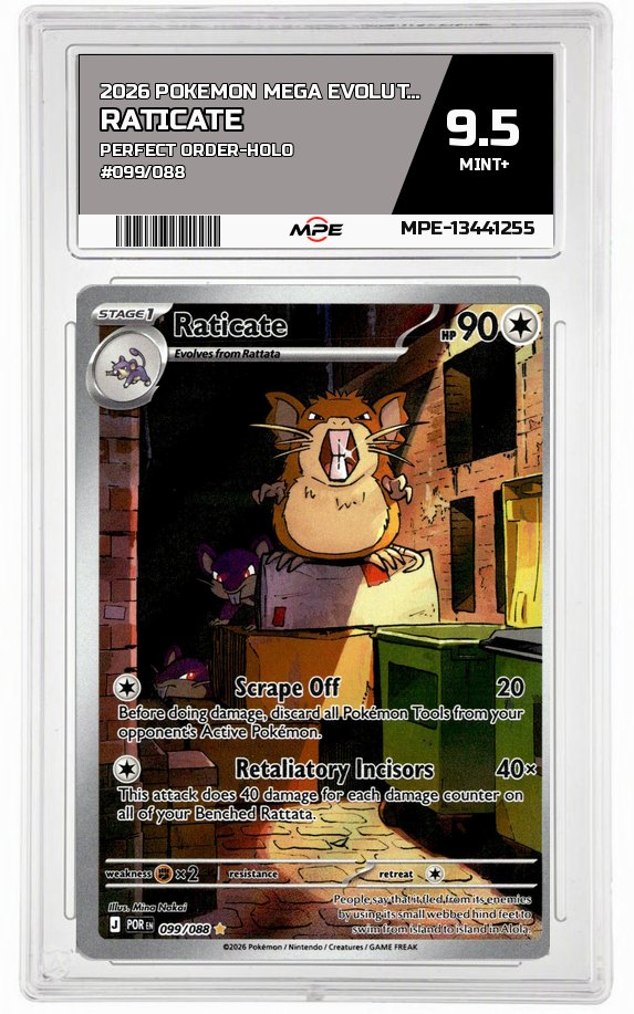 2026 POKEMON MEGA EVOLUTION PERFECT ORDER-HOLO #099/088 Raticate MPE 9.5 MINT+ — graded card auctioned from the MPE vault