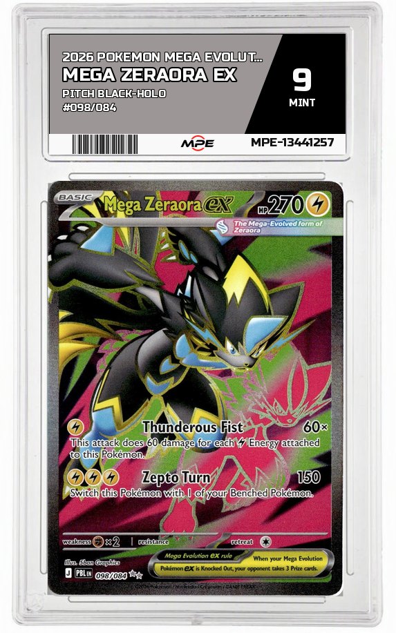 2026 POKEMON MEGA EVOLUTION PITCH BLACK-HOLO #098/084 Mega Zeraora EX MPE 9 MINT — graded card auctioned from the MPE vault
