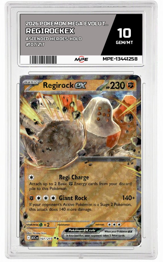 2026 POKEMON MEGA EVOLUTION ASCENDED HEROES-HOLO #107/217 RegirockEX MPE 10 GEM/MT — graded card auctioned from the MPE vault
