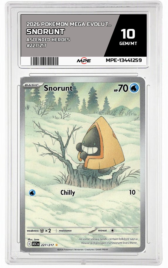 2026 POKEMON MEGA EVOLUTION ASCENDED HEROES #227/217 Snorunt MPE 10 GEM/MT — graded card auctioned from the MPE vault