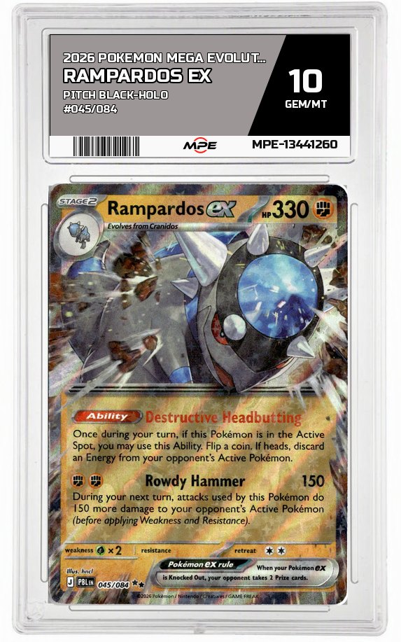 2026 POKEMON MEGA EVOLUTION PITCH BLACK-HOLO #045/084 Rampardos EX MPE 10 GEM/MT — graded card auctioned from the MPE vault