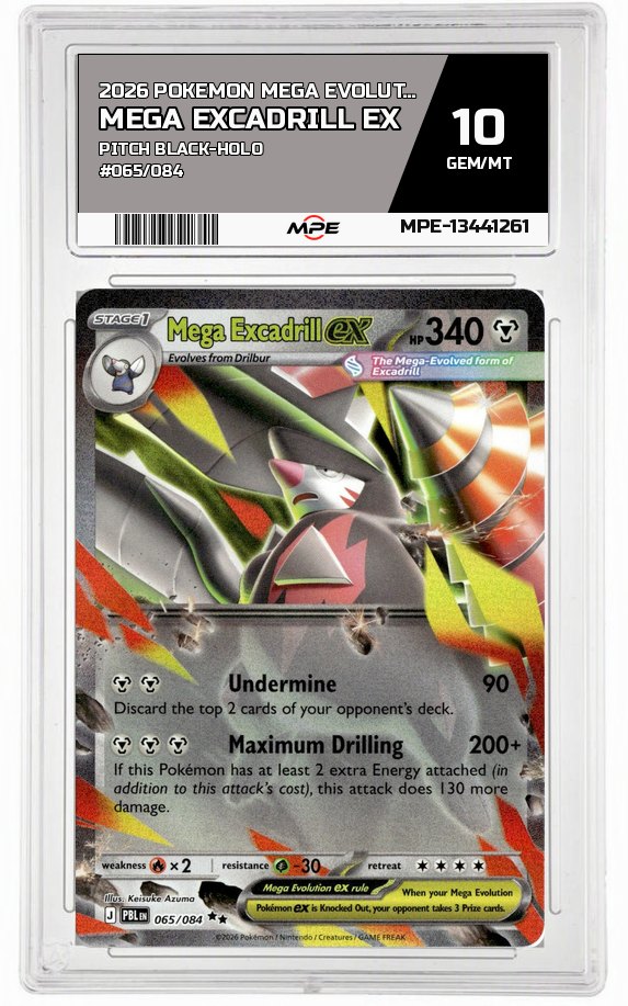 2026 POKEMON MEGA EVOLUTION PITCH BLACK-HOLO #065/084 Mega Excadrill EX MPE 10 GEM/MT — graded card auctioned from the MPE vault