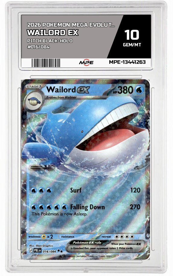 2026 POKEMON MEGA EVOLUTION PITCH BLACK-HOLO #016/084 Wailord EX MPE 10 GEM/MT — graded card auctioned from the MPE vault