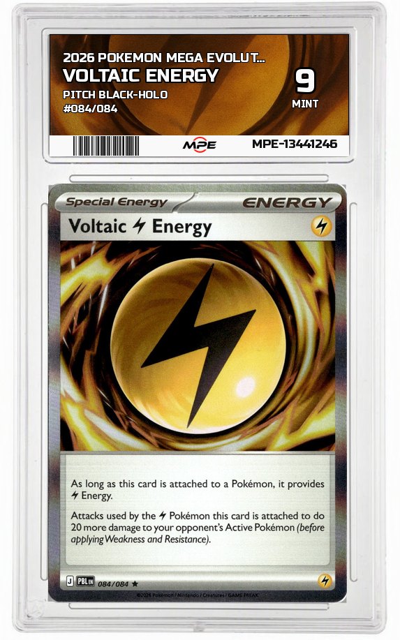 2026 POKEMON MEGA EVOLUTION PITCH BLACK-HOLO #084/084 Voltaic Energy MPE 9 MINT — graded card up for auction